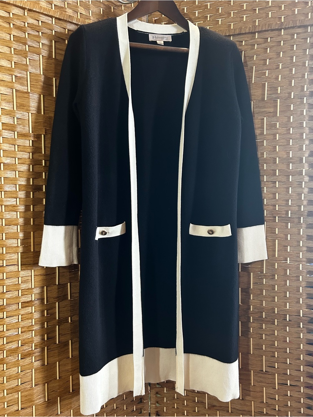 Philosophy Black White Longline Open Cardigan Sweater Preppy Chic M